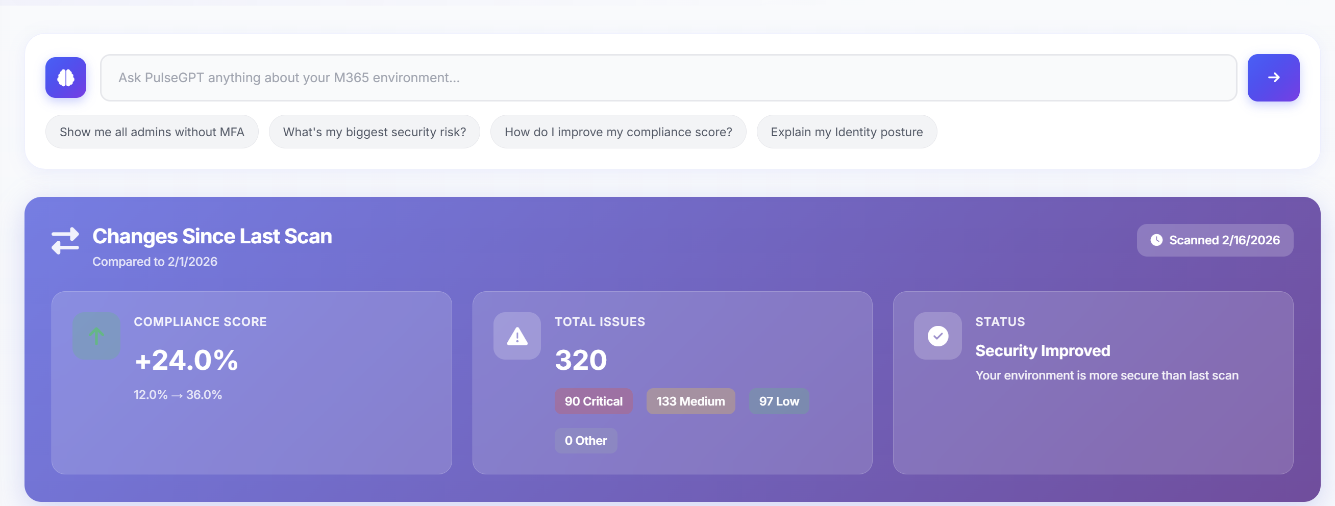 Changes Since Last Scan panel showing compliance score increase, total issues breakdown, and Security Improved status.